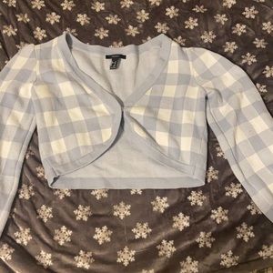 forever 21 cropped blue and white checkered cardigan